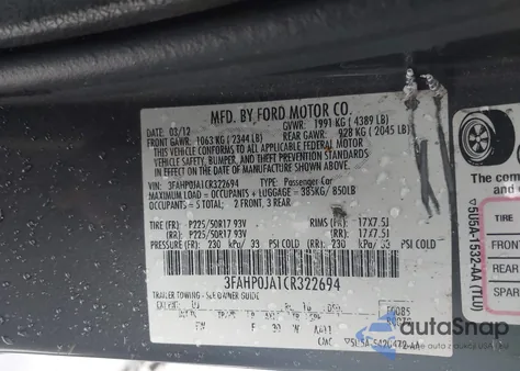 2012 Ford Fusion Sel из США, поврежденный, VIN 3FAHP0JA1CR322694